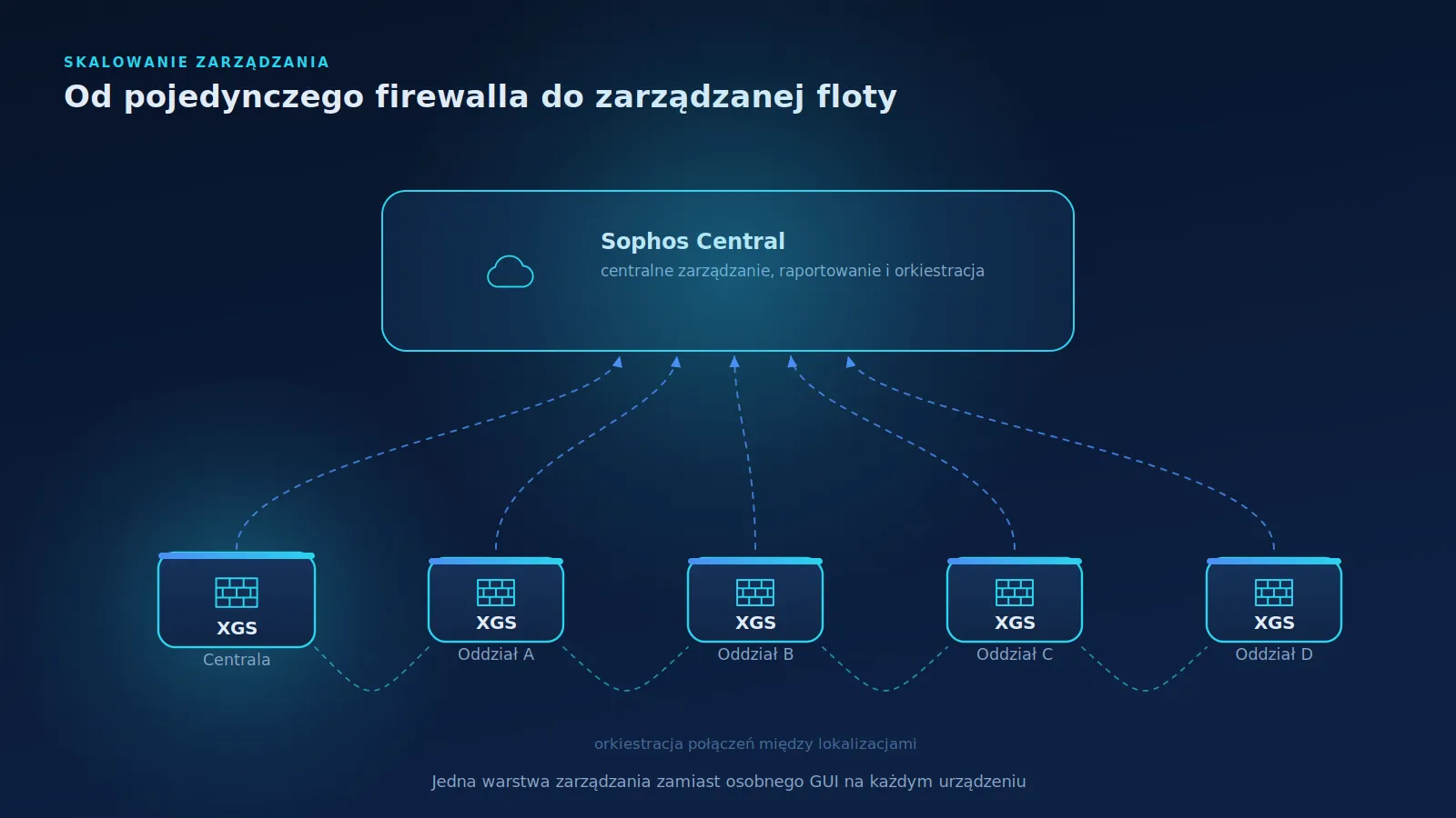 Kilka firewalli w różnych lokalizacjach połączonych z jedną chmurową warstwą zarządzania, raportowania i orkiestracji.