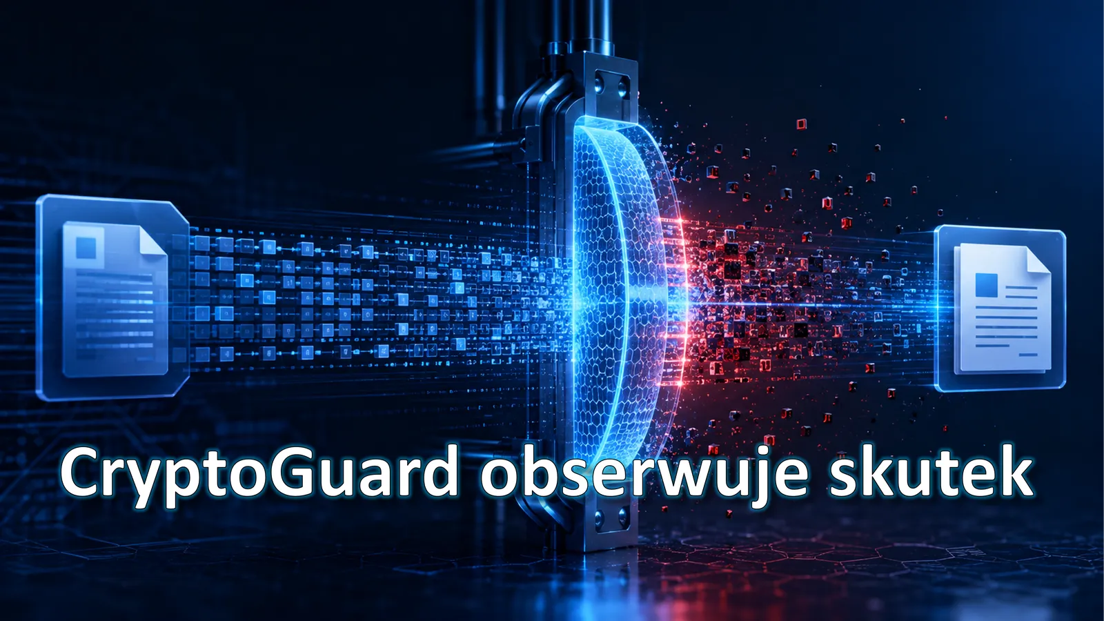 Uporządkowane dane dokumentu przechodzą w zaszyfrowany strumień o wysokiej entropii, a warstwa ochronna zatrzymuje tę zmianę — CryptoGuard obserwuje skutek
