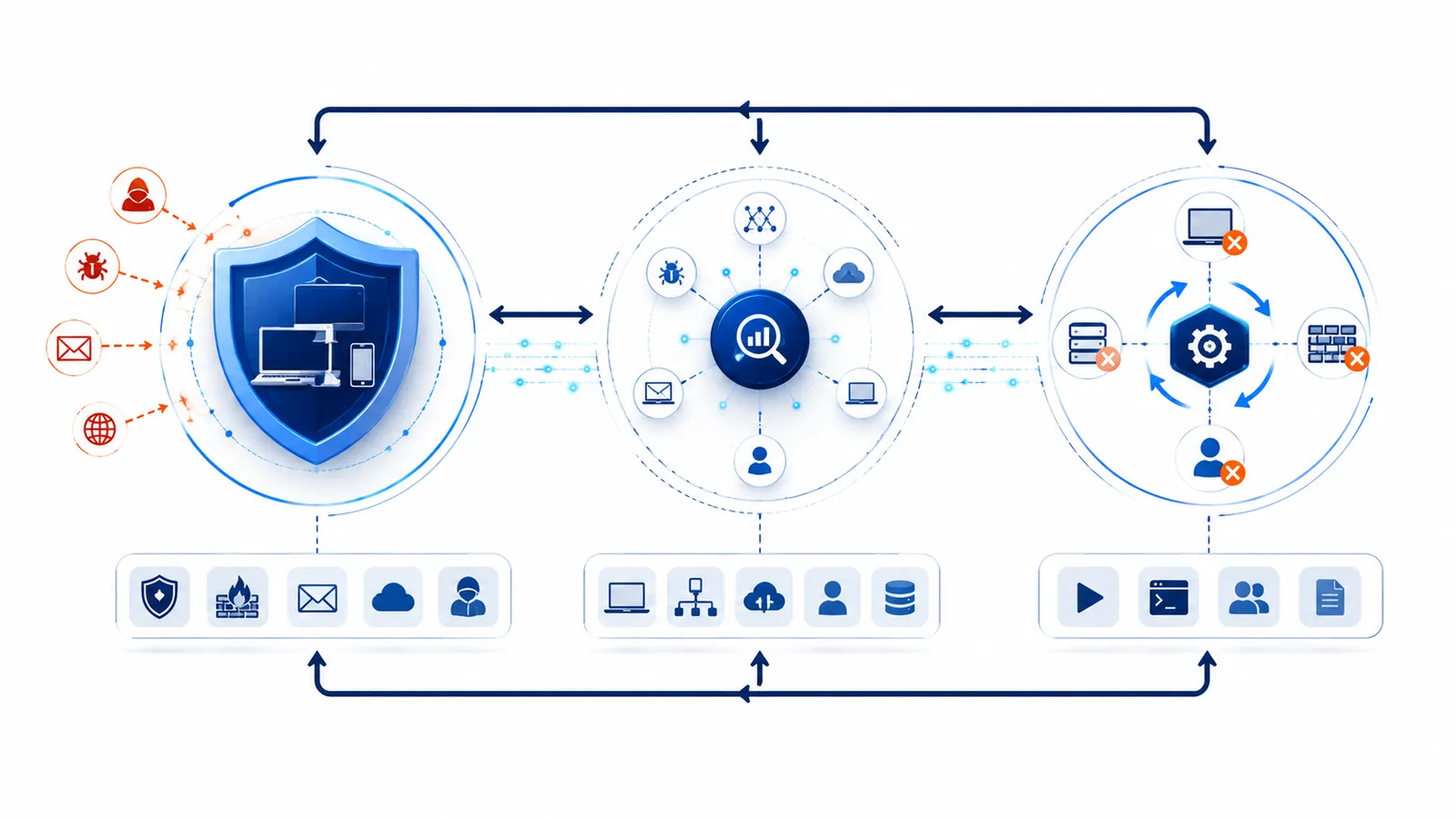 Prosta grafika przedstawiająca trzy współpracujące warstwy: Prevention → Detection → Response