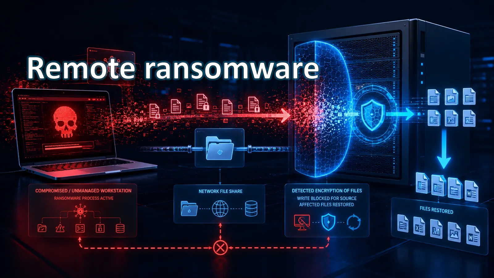 Remote ransomware: skompromitowana stacja szyfruje pliki na udziale sieciowym, a CryptoGuard na serwerze plików blokuje źródło i przywraca pliki