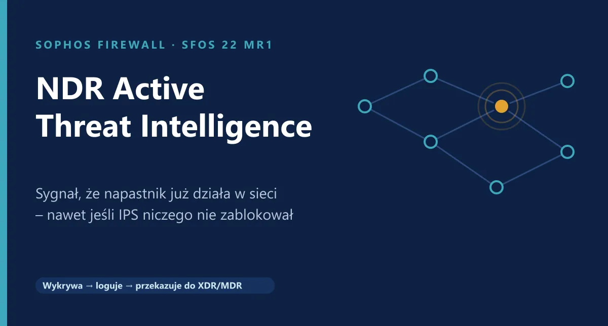 Okładka artykułu: tytuł „NDR Active Threat Intelligence” na ciemnym tle; siatka połączonych węzłów sieci, w której jeden węzeł jest wyróżniony pomarańczowym sygnałem.