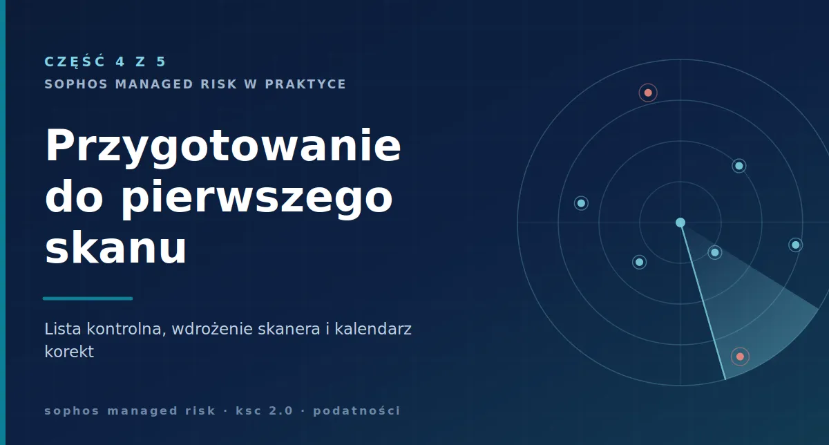 Okładka artykułu: abstrakcyjny motyw listy kontrolnej i maszyny wirtualnej oraz tytuł „Przygotowanie do pierwszego skanu”, część 4 z 5.