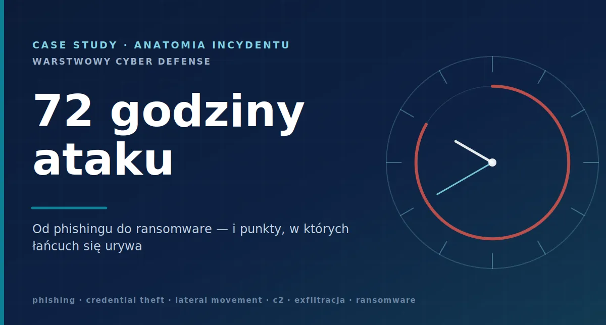 Okładka artykułu: zegar odmierzający 72 godziny ataku na ciemnym tle, z podpisem „72 godziny ataku – warstwowy Cyber Defense”.